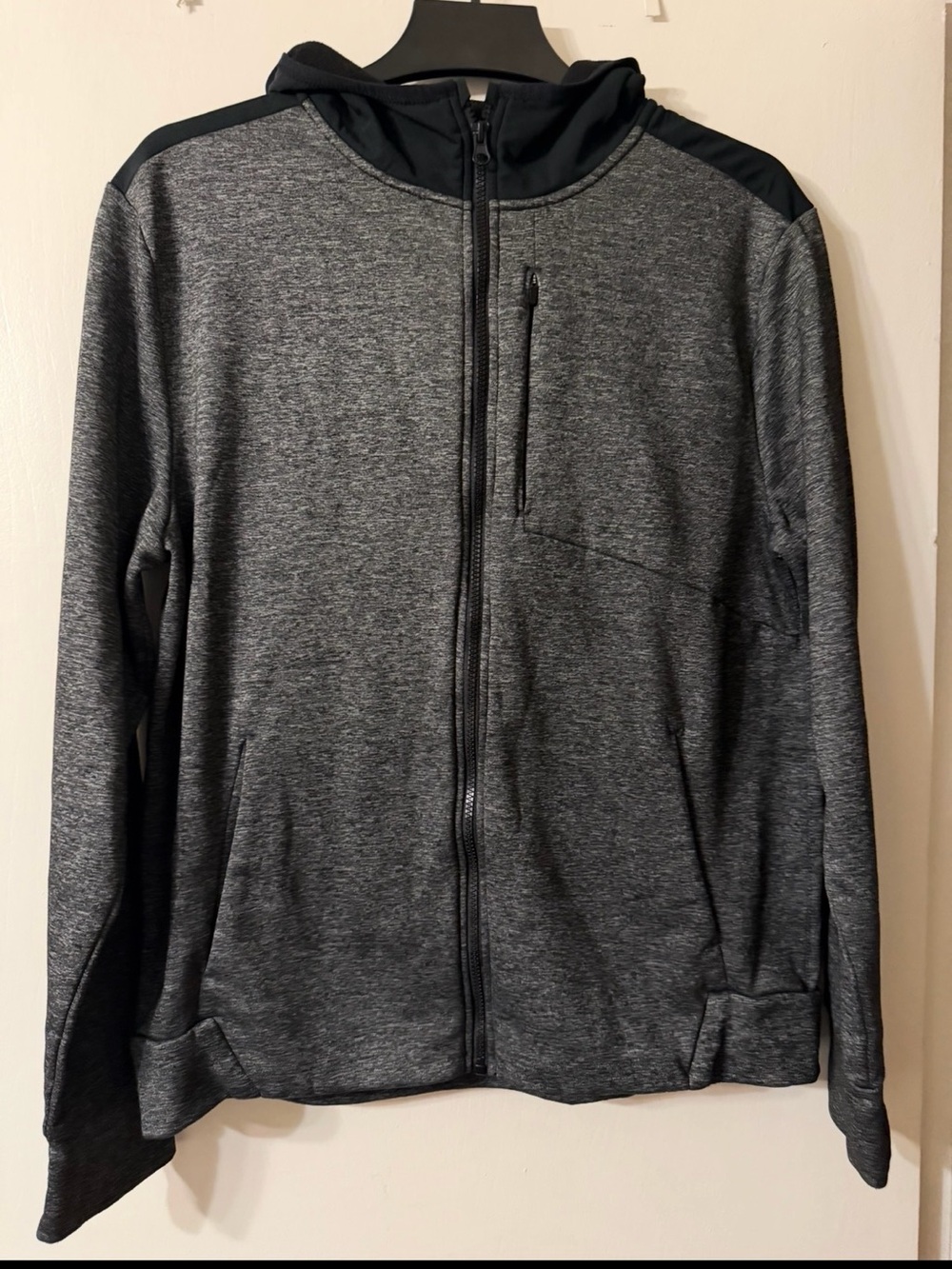 Men's Champion Full-Zip Charcoal Gray & Black Fleece Hoodie w/ Thumbholes Sz L